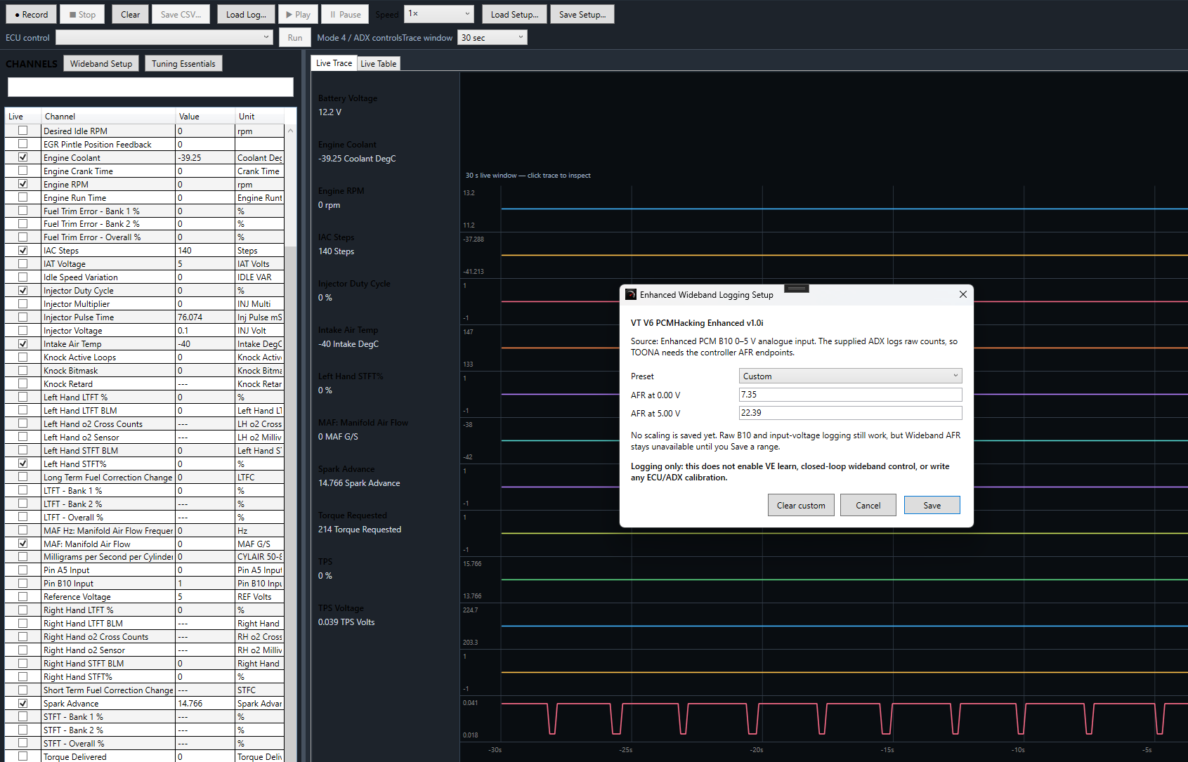 TOONA data logger and wideband setup window