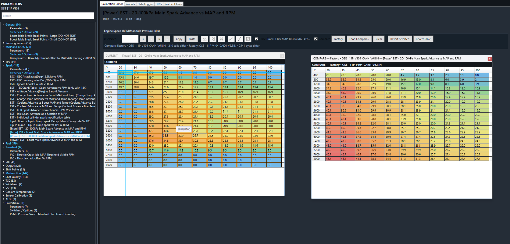 TOONA calibration editor comparing a custom MAP-based MAFless spark table with a factory calibration